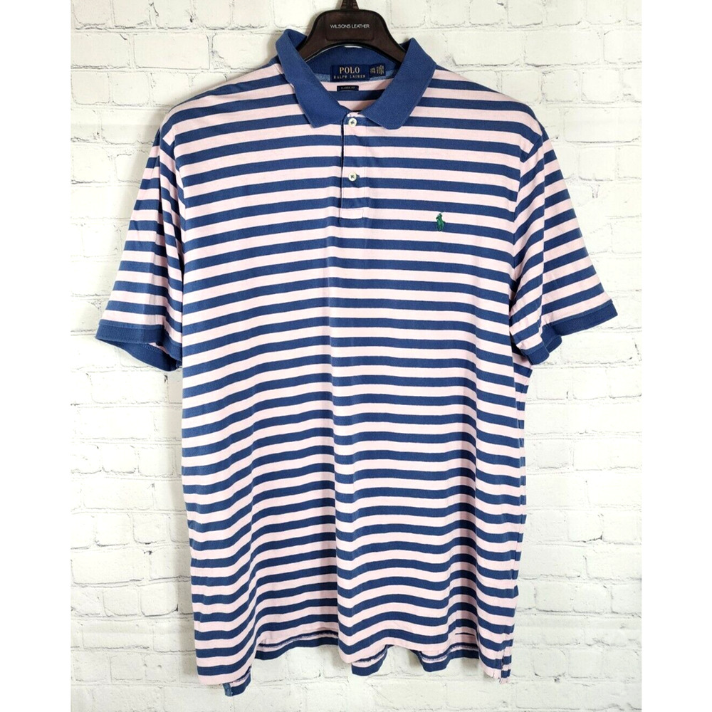 Vtg Polo Ralph Lauren Shirt Mens Medium Pink Blue Striped SS Classic Fit XXL